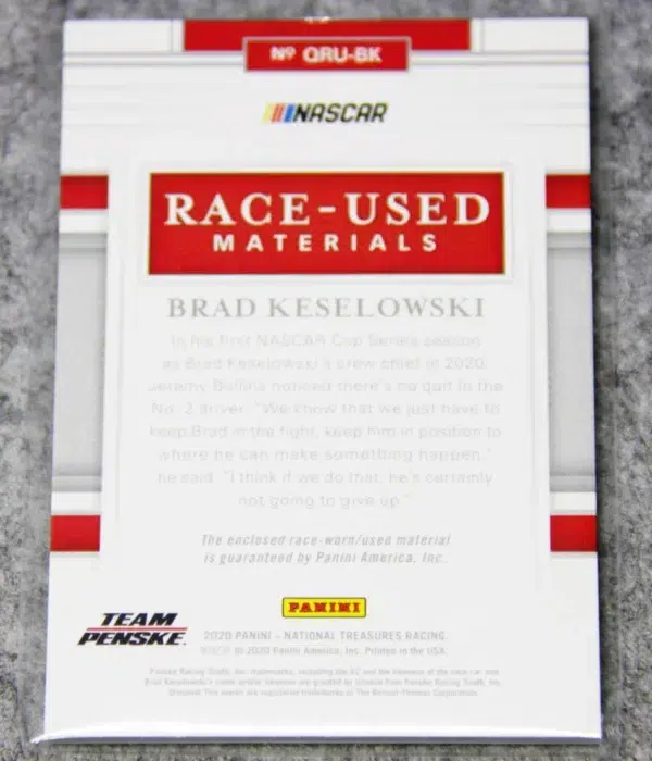 2020 Brad Keselowski #QRU-BK Panini Nascar National Treasures Quad Race Used Materials Sheet Metal SN#15 - back