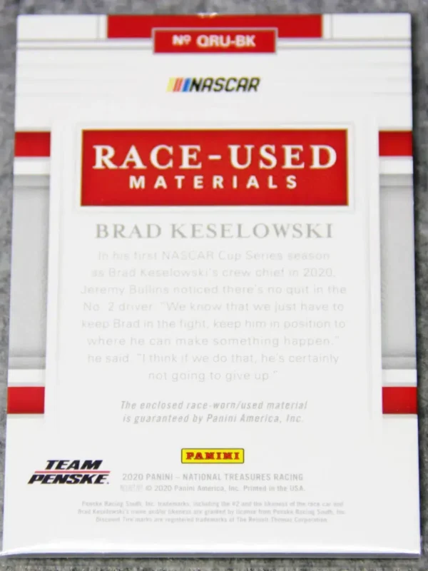 2020 Brad Keselowski #QRU-BK Panini Nascar National Treasures Quad Race Used Materials Sheet Metal SN#15 - back