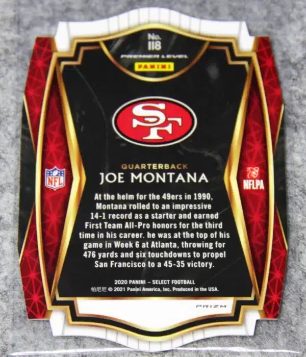 2020 Joe Montana #118 Panini Select Premier Level Die Cut Red Prizm - back