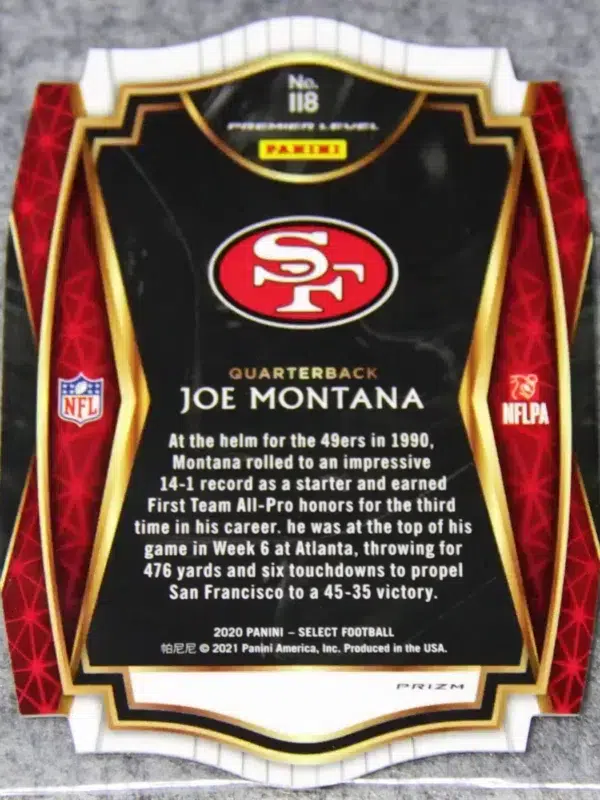 2020 Joe Montana #118 Panini Select Premier Level Die Cut Red Prizm - back