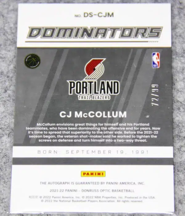 2021-22 CJ McCollum #DS-CJM Panini Donruss Optic Dominators Autograph SN#72 - back