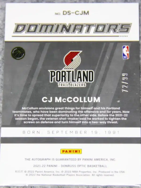 2021-22 CJ McCollum #DS-CJM Panini Donruss Optic Dominators Autograph SN#72 - back