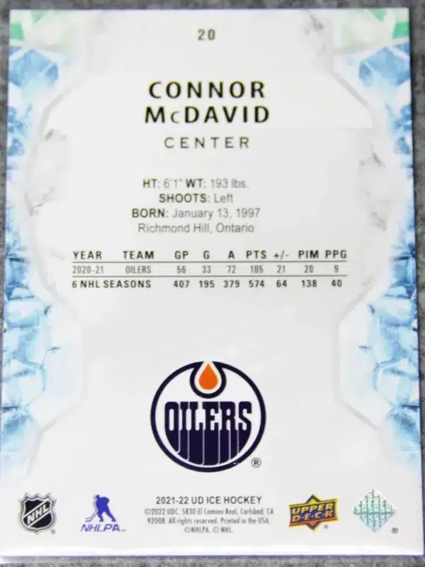 2021-22 Connor McDavid #20 Upper Deck Ice - back