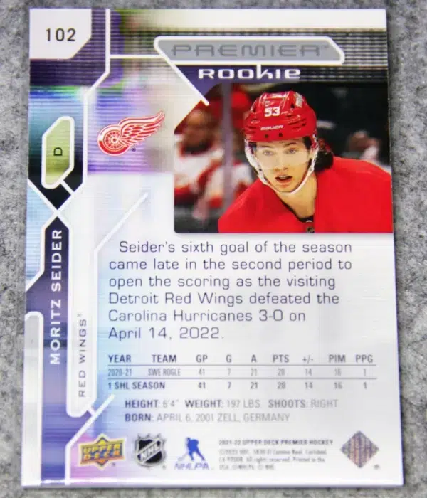 Alternative view of 2021-22 Moritz Seider #102 Upper Deck Premier Rookies RC /399