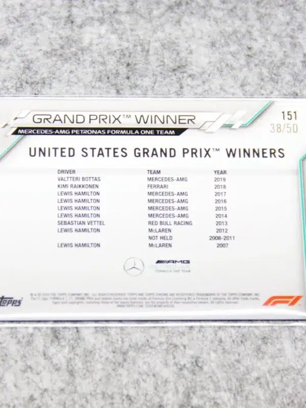 2021 Valtteri Bottas #151 Topps Chrome F1 Grand Prix Winner US Gold Refractor SN#38 - back