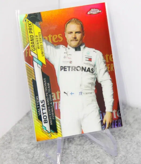 2021 Valtteri Bottas #151 Topps Chrome F1 Grand Prix Winner US Gold Refractor SN#38 - stand