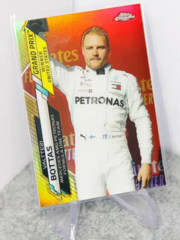 2021 Valtteri Bottas #151 Topps Chrome F1 Grand Prix Winner US Gold Refractor SN#38 - stand
