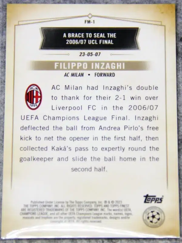 2022-23 Filippo Inzaghi #FM-1 Topps Finest Moments UEFA Champions League Purple Refractor SN#134 - back