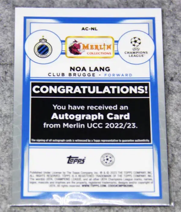 2022-23 Noa Lang #AC-NL Topps Merlin UEFA Champions League Autograph Card Refractor - back
