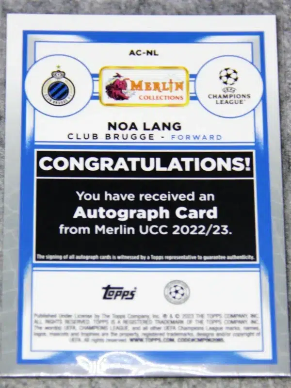 2022-23 Noa Lang #AC-NL Topps Merlin UEFA Champions League Autograph Card Refractor - back