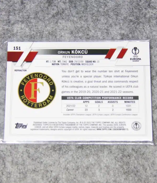 2022-23 Orkun Kokcu #151 Topps Chrome UEFA Europa League Silver Refractor RC - back
