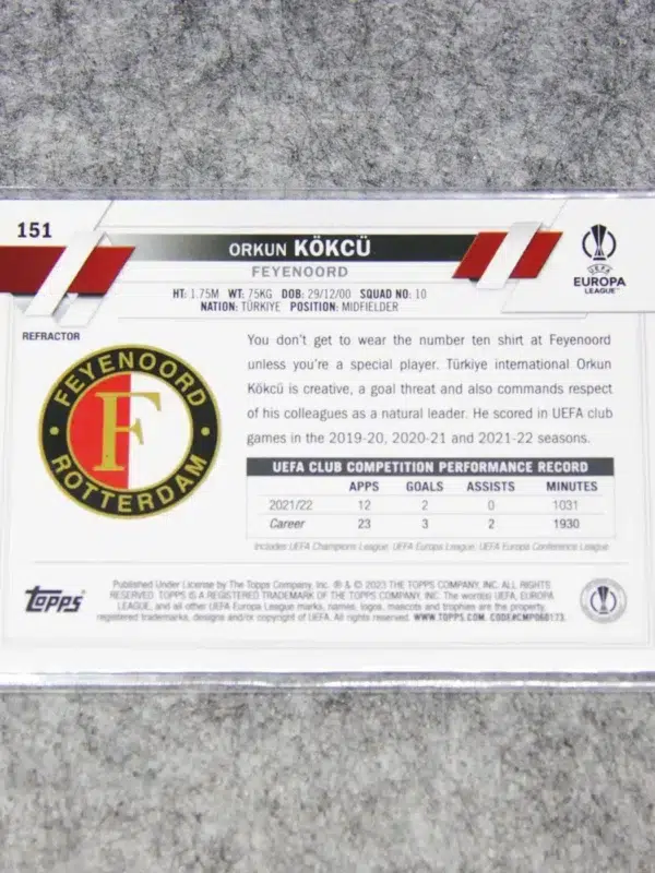 2022-23 Orkun Kokcu #151 Topps Chrome UEFA Europa League Silver Refractor RC - back