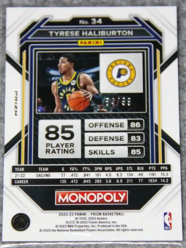 2022-23 Tyrese Haliburton #34 Panini Prizm Monopoly Red Prizm SN#84 - back