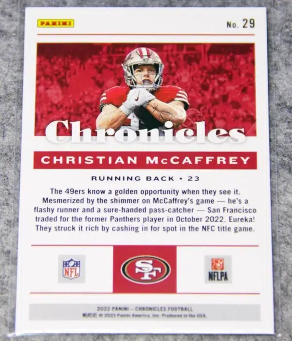 2022 Christian McCaffrey #29 Panini Chronicles Blue Parallel SN#52 - back