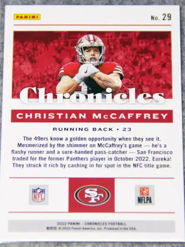 2022 Christian McCaffrey #29 Panini Chronicles Blue Parallel SN#52 - back