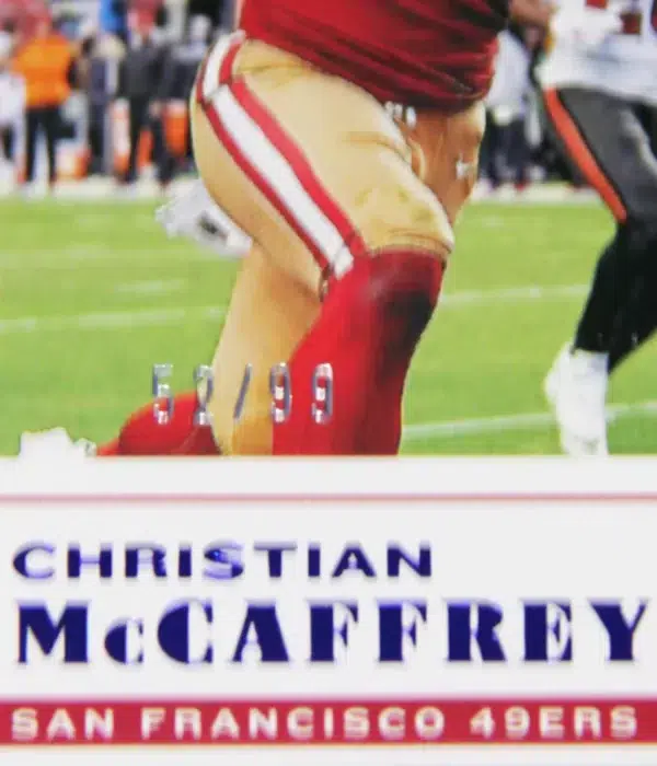 2022 Christian McCaffrey #29 Panini Chronicles Blue Parallel SN#52 - detail