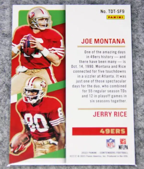 2022 Joe Montana & Jerry Rice #TDT-SF9 Panini Contenders Touchdown Tandems Emerald Parallel - back