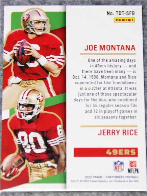 2022 Joe Montana & Jerry Rice #TDT-SF9 Panini Contenders Touchdown Tandems Emerald Parallel - back
