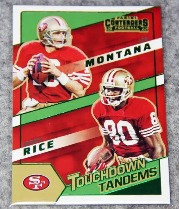 2022 Joe Montana & Jerry Rice #TDT-SF9 Panini Contenders Touchdown Tandems Emerald Parallel - front