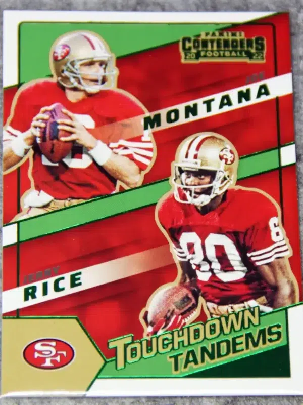 2022 Joe Montana & Jerry Rice #TDT-SF9 Panini Contenders Touchdown Tandems Emerald Parallel - front
