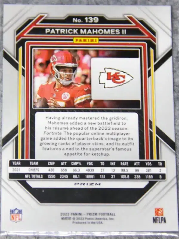 2022 Patrick Mahomes II #139 Panini Prizm Silver Prizm - back