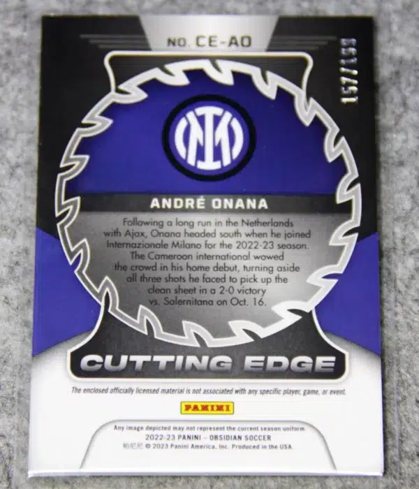 2023 Andre Onana #CE-AO Panini Obsidian Soccer Cutting Edge Dual Patch Silver SN#157 - back