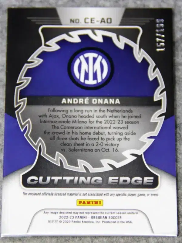 2023 Andre Onana #CE-AO Panini Obsidian Soccer Cutting Edge Dual Patch Silver SN#157 - back
