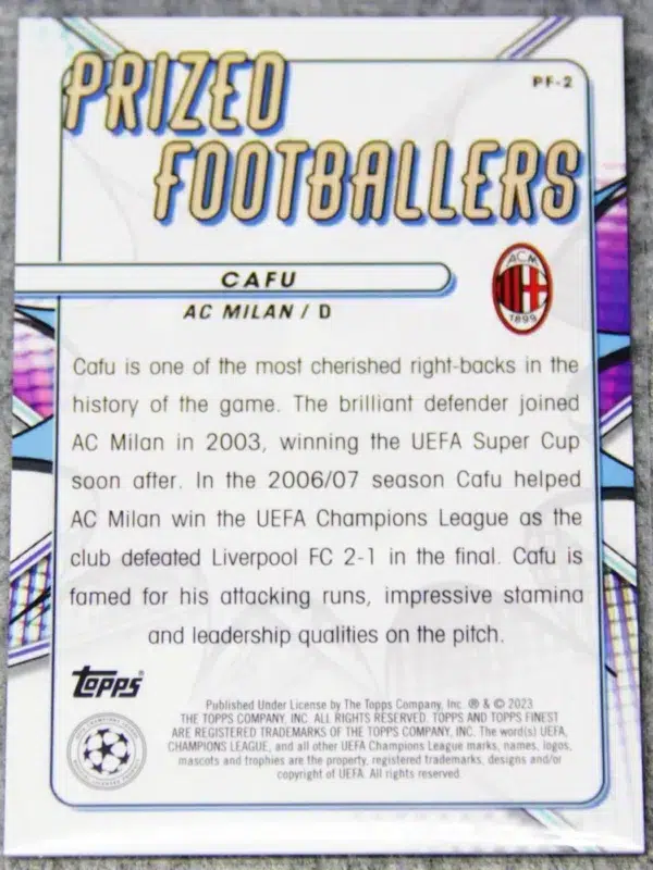 2023 Cafu #PF-2 Topps Finest UEFA Champions League Prized Footballers Purple Refractor SN#259 - back