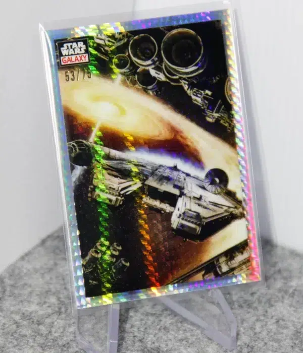 2023 Millennium Falcon #54 Topps Star Wars Chrome Galaxy Flight of the Millennium Falcon Prism Refractor SN#53 - stand