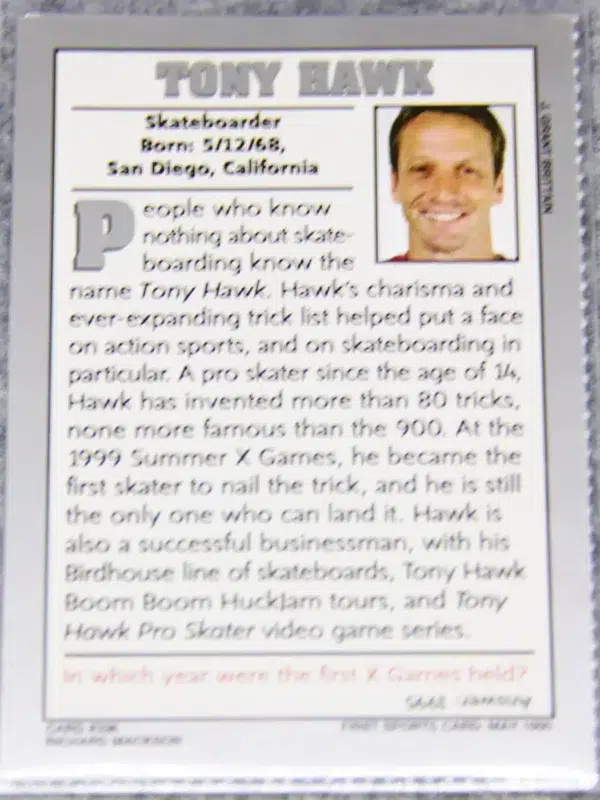 1990 Tony Hawk #336 Sports Illustrated for Kids 15th Anniversary RC - back