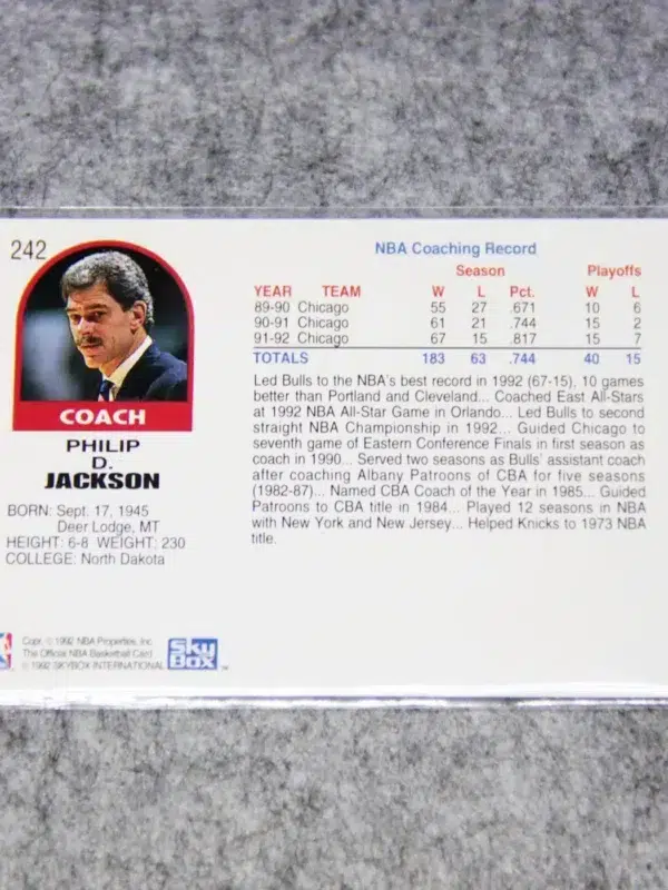1992-93 Phil Jackson #242 NBA Hoops Coach - back