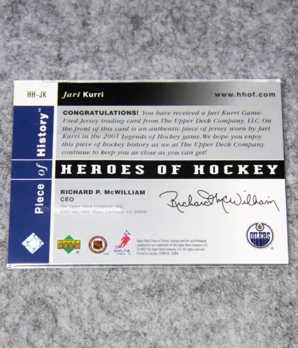 2002-03 Jari Kurri #HH-JK Upper Deck Piece of History Heroes of Hockey Jersey - back