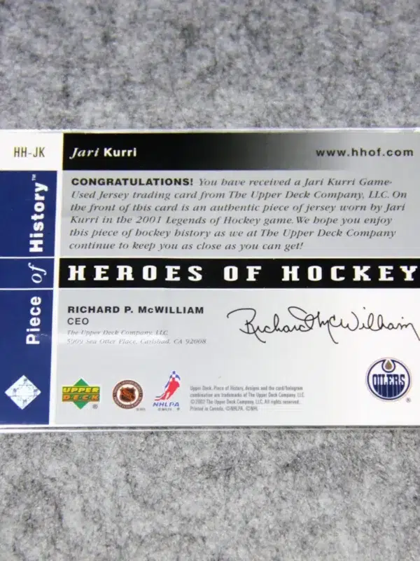 2002-03 Jari Kurri #HH-JK Upper Deck Piece of History Heroes of Hockey Jersey - back