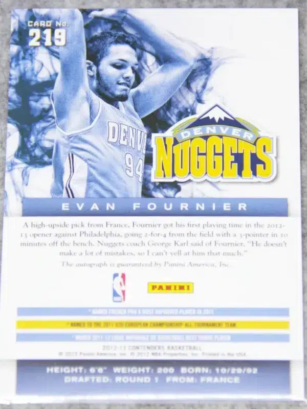 2012-13 Evan Fournier #219 Panini Contenders Rookie Autograph RC - back
