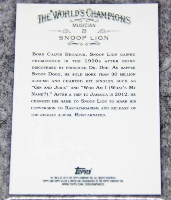 2014 Snoop Dogg Lion #23 Topps Allen & Ginter The Worlds Champions - back