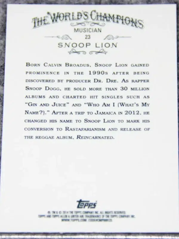 2014 Snoop Dogg Lion #23 Topps Allen & Ginter The Worlds Champions - back