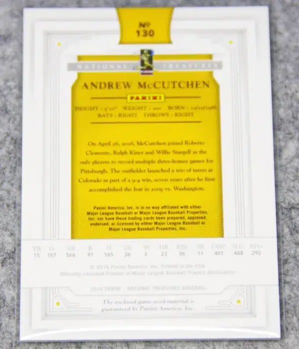 2016 Andrew McCutchen #130 Panini National Treasures Bat Relic SN#26 - back