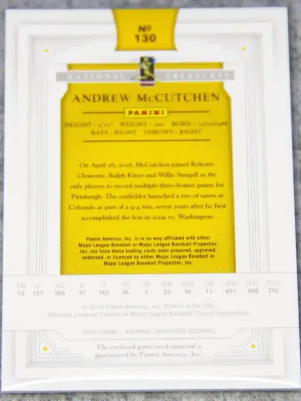 2016 Andrew McCutchen #130 Panini National Treasures Bat Relic SN#26 - back
