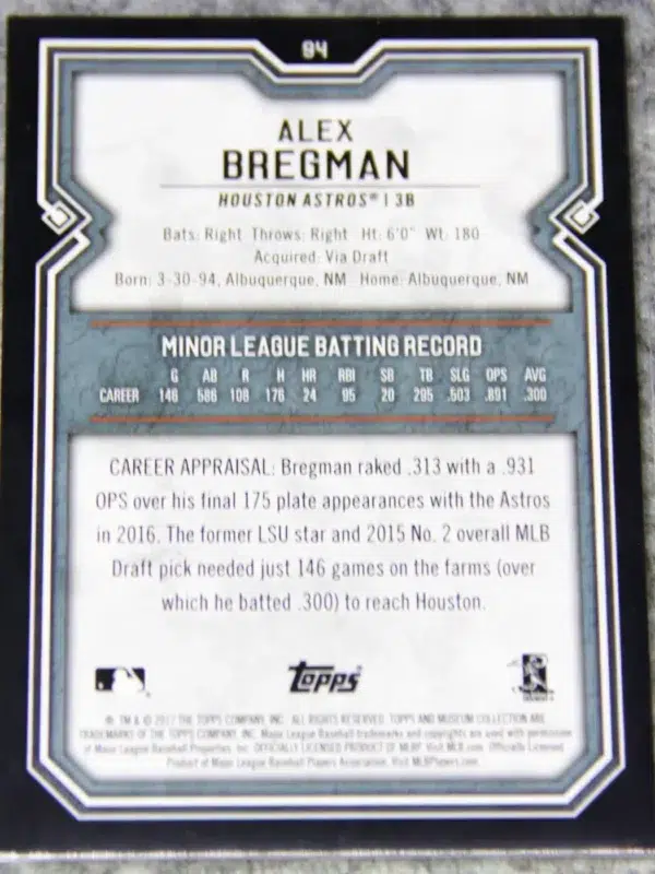 2017 Alex Bregman #94 Topps Museum Collection RC - back