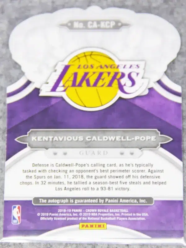 2018-19 Kentavious Caldwell-Pope #CA-KCP Panini Crown Royale Autograph SN#18 - back