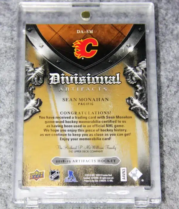 2018-19 Sean Monahan #DA-SM Upper Deck Artifacts Hockey Divisional Artifacts Patch SN#25 - back