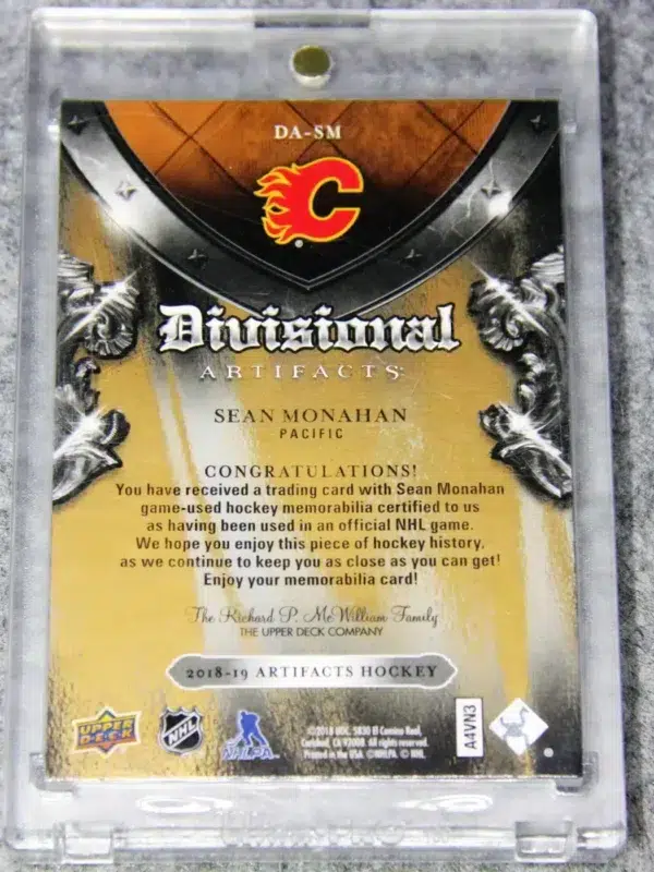 2018-19 Sean Monahan #DA-SM Upper Deck Artifacts Hockey Divisional Artifacts Patch SN#25 - back