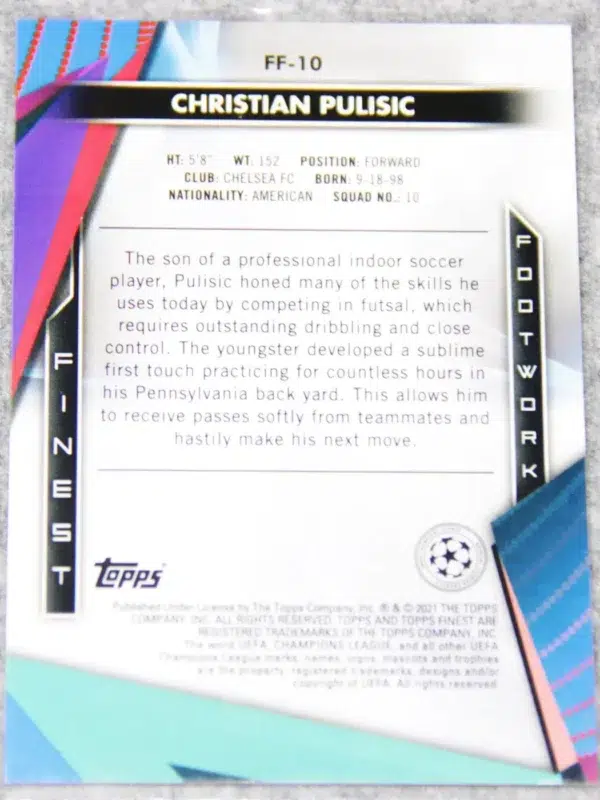 2020-21 Christian Pulisic #FF-10 Topps Finest UEFA Champions League Finest Footwork - back