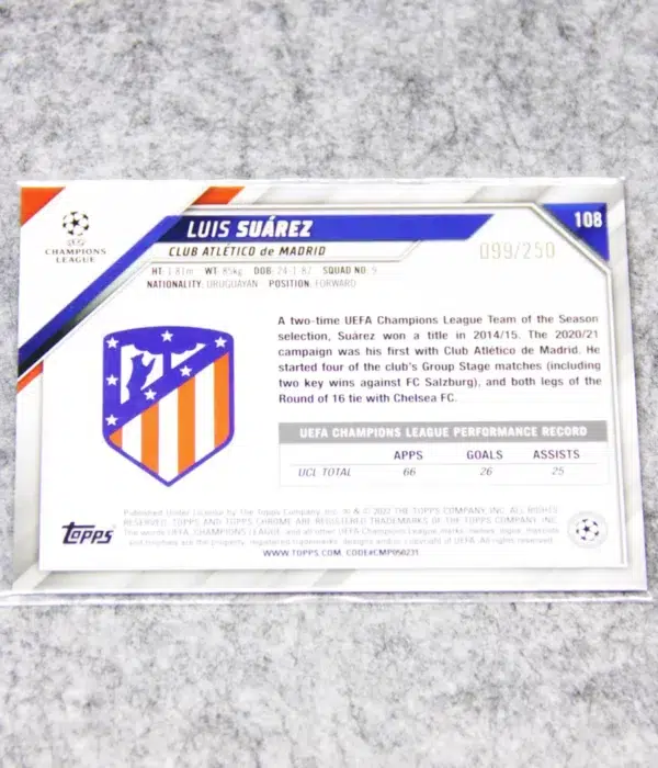 2021-22 Luis Suárez #108 Topps Chrome UEFA Champions League Purple Refractor SN#99 - back