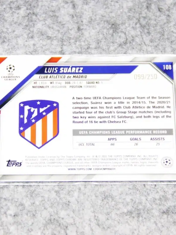 2021-22 Luis Suárez #108 Topps Chrome UEFA Champions League Purple Refractor SN#99 - back
