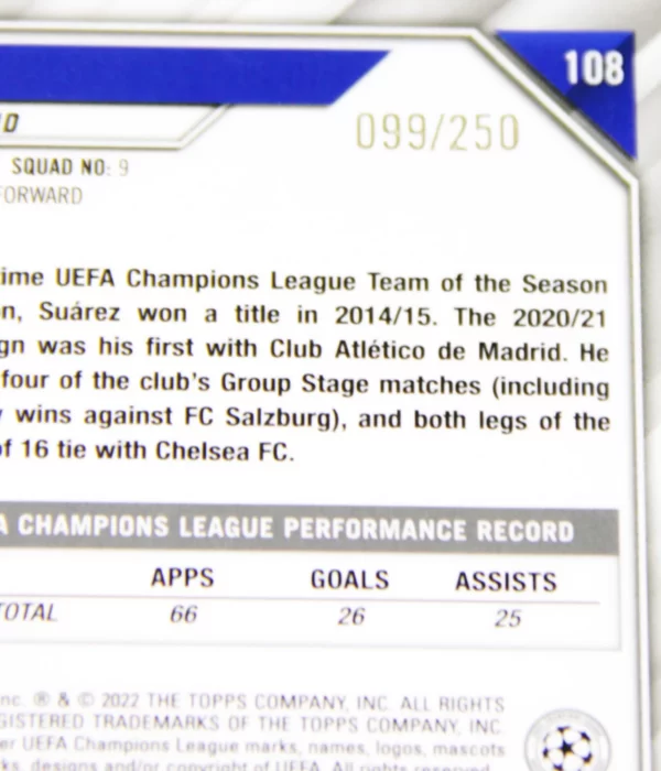 2021-22 Luis Suárez #108 Topps Chrome UEFA Champions League Purple Refractor SN#99 - detail