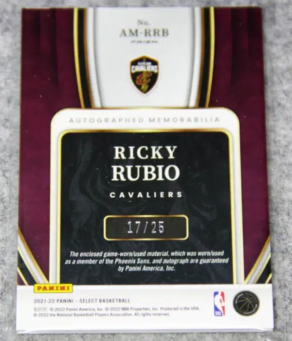 2021-22 Ricky Rubio #AM-RRB Panini Select Autographed Memorabilia Tye-Die Prizm SN#17 - back