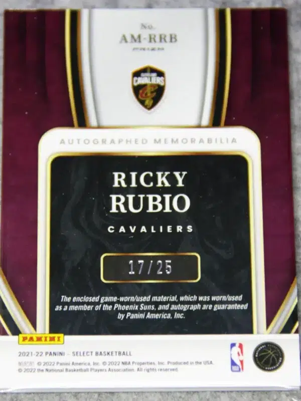 2021-22 Ricky Rubio #AM-RRB Panini Select Autographed Memorabilia Tye-Die Prizm SN#17 - back