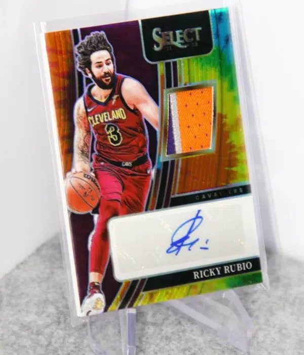 2021-22 Ricky Rubio #AM-RRB Panini Select Autographed Memorabilia Tye-Die Prizm SN#17 - stand