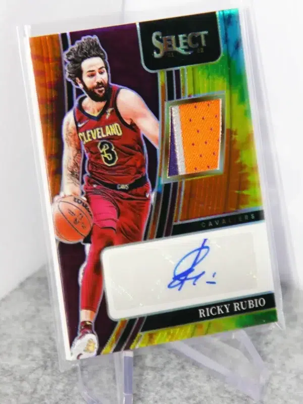 2021-22 Ricky Rubio #AM-RRB Panini Select Autographed Memorabilia Tye-Die Prizm SN#17 - stand